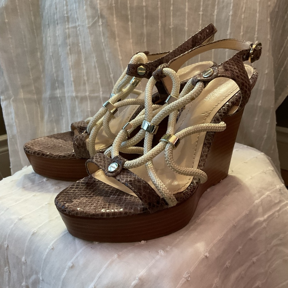 Calvin Klein Brown and Cream Wedge Sandals